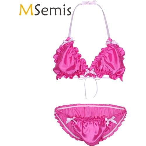 2PCS Mens Ruffled Frilly Shiny Sissy Lingerie Set Strappy Halter Bikini Bra Top with Briefs Underwear