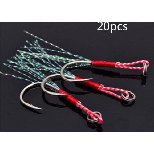 20pcs/Lot Fishing Lure Slow Jigging Fishing Cast Jigs Assist Hook Barbed Single Jig Hooks Thread Feather Pesca High Carbon Steel