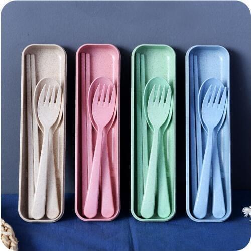 3 pcs/set Portable Household Dinnerware Kit Travel Cutlery Set Wheat Straw