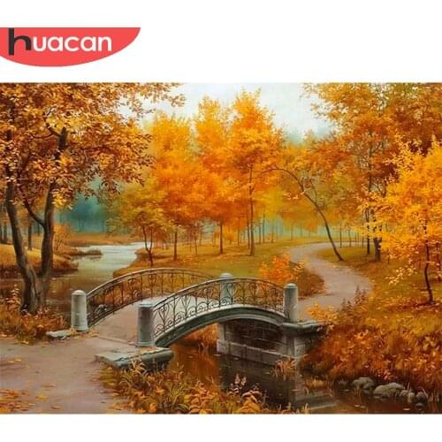 HUACAN Diamond Painting Autumn Landscape Cross Stitch 5D Diy Diamond Mosaic Bridge Wall Art Home Decoration