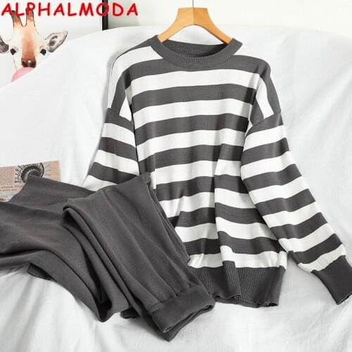 ALPHALMODA 2020 Autumn Striped Sweater Pants Women Casual 2pcs Suit Loose Stripe Jumper Wide-leg Pants Comfy Lounge Wear Set