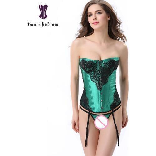Satin Green Womens Body Shapewear Sexy Boned Corset Bustier With Lashes For Suspenders J901