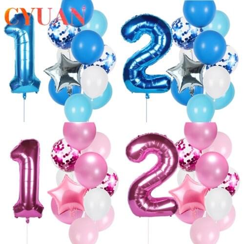 CYUAN 12pcs Baby 1st Birthday Balloons Set Pink Blue Number Foil Balloon First Birthday Decorations Kids Balloons Party Supplies