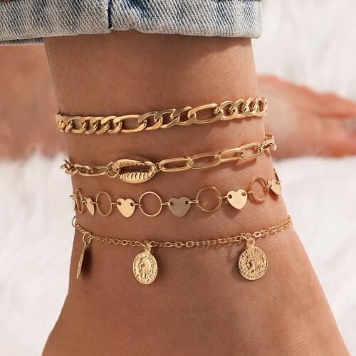 Docona 4pcs/Set Vintage Portrait Love Heart Foot Chain for Women Boho Shell Cuban Chain Metal Anklets Set Beach Jewelry 16906