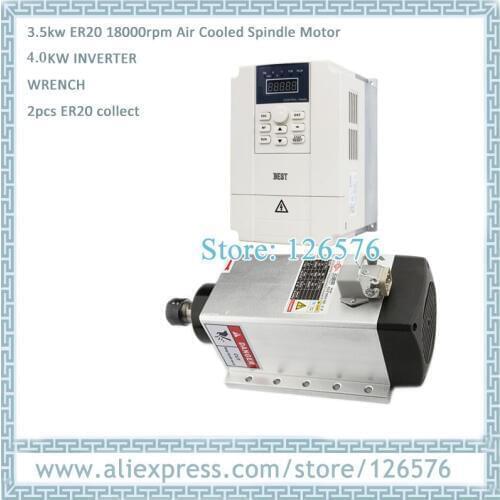 GDZ105*102-3.5 Flange square shape 3.5kw air cooled spindle motor 18000RPM ER20 4 bearing with 4.0kw Frequency VFD Inverter