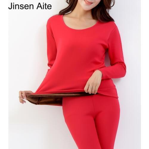 Jinsen Aite Cotton Plus Size XXL-5XL Warm Thick Fleece Womens Long Johns Sets Casual Solid Winter Femme Thermal Underwear JS640