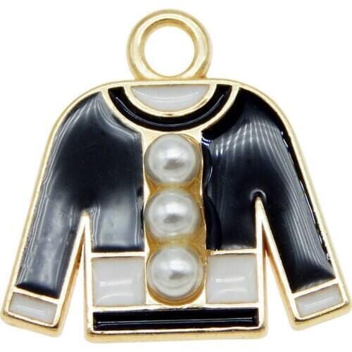 Julie Wang 5PCS Enamel Balck Clothes Charms With CCB Pearl Alloy Gold Tone Necklace Bracelet Findings Jewelry Making Accessory