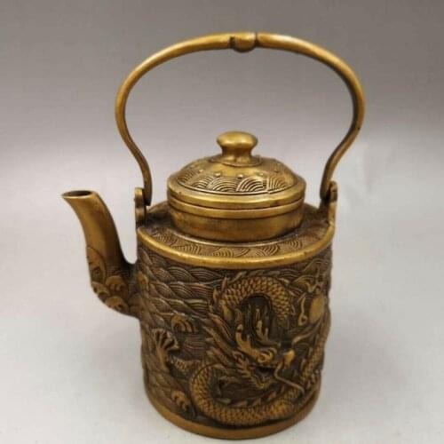 Chinese Antique Old copper Brass hand-made wealth lucky Dragon teapot flagon kettle Tea pot
