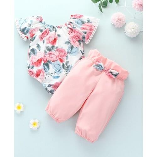 2021 Summer Newborn Baby Girl Clothes Set Short Sleeve Printing Flowers +Pinking Long Pants Outfits Toddler Girl