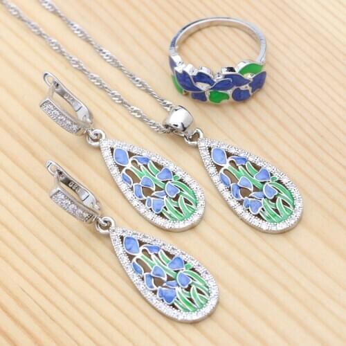 Womens Enamel Jewelry 925 Silver Jewelry Set for Wedding Multi-colored Earrings Pendant Necklace Ring