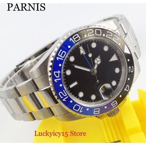 PARNIS Fashional Sapphire Glass 40mm Automatic Watch Blue GMT Hand Mental Strap Blue Black Bezel