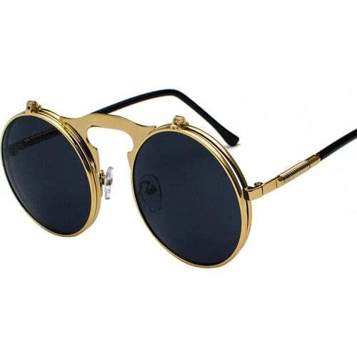 2021 New Fashion Unisex Round Frame Retro Flip Sunglasses Hipster Metal Steampunk Shades EYEWEAR