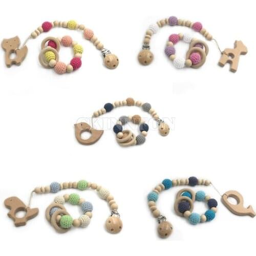 200set 2Pcs/set Baby Organic Wooden Animal Teether Natural Teething Grasping Toy Silicone Bead Toddler Teether Baby DIY Gift