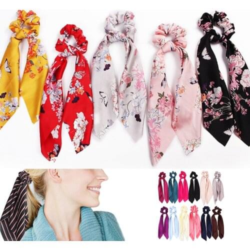 Ponytail scrunchie hair ties Scarf Elastic Hair Rope for Women Hair Bow Ties Scrunchies Hair Bands Flower Print Ribbon Hairbands