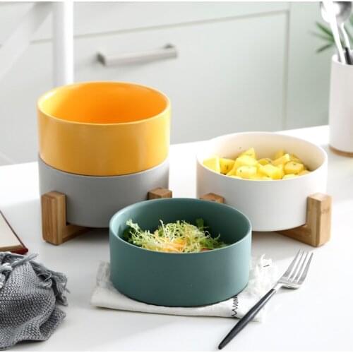 Dining Room Salad Fruit Dessert Bowl Ceramic Tableware for Restaurant Camping Picnic Soup Rice Bowl 13CM/400ML With Wooden Stand