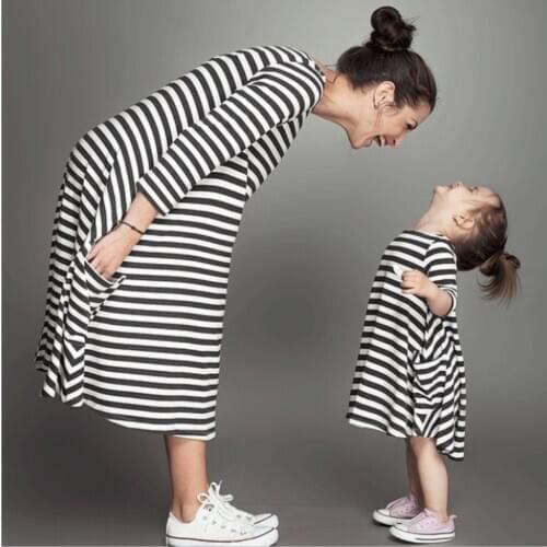 Spring and Summe Mother and Daughter Dress Black and White Striped Pockets Dress Decorative Half-sleeve Casual Dress Family Look