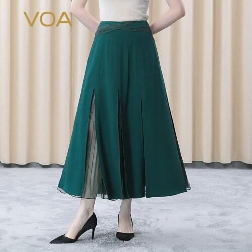 VOA Heavy Silk Dark Green 60m/m Long Asymmetric Organza Stitching Natural Waist Has A Slit Infront Mature Woman Skirts CE61