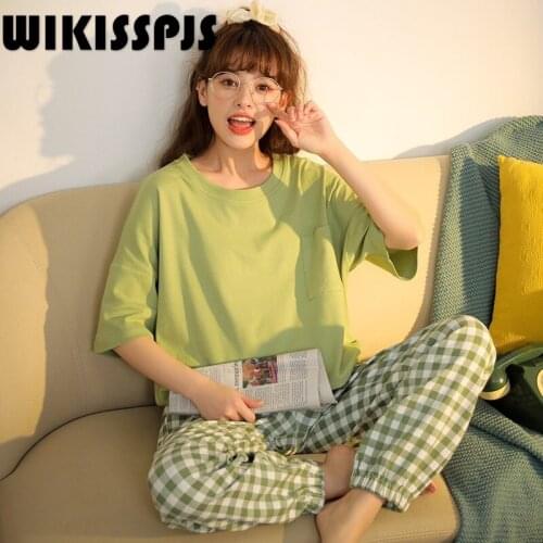 WIKISSPJS Short Sleeve Trousers Pajamas Womens Summer Two Piece Suit Pj Sets for Women Pajamas for Teen Girls Sleep Tops