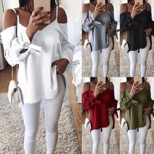 Sexy Solid Color Women V-neck Cold Shoulder Long Sleeve Loose Shirt Blouse Top