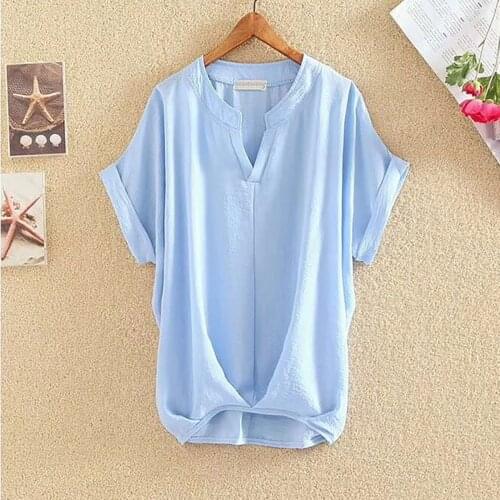 Womens Pure Color Tshirt Temperament Elegant V-neck Loose And Thin Cotton And Linen Shirt Top Ropa Mujer Verano 2021 #G3