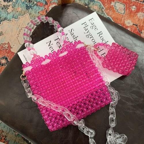 High Quality Handmade Top-handle Handbag for Women Two-piece Transparent Pink Crystal Acrylic Beaded Bag Evening Party Tote