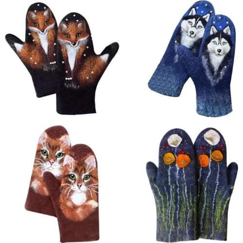 Women Winter Faux Cashmere Full Finger Gloves Floral Wolf Cat Animal 3D Print Thicken Warm Windproof Thermal Mittens