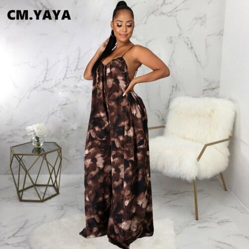 CM.YAYA Women Jumpsuit Print Sleeveless Strap V-neck Backless Loose Wide Leg Jumpsuits Fashion Casual One Piece Overalls Summer