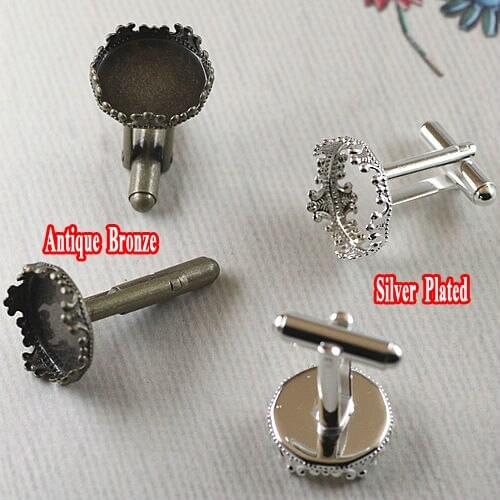 10pcs Inner 15mm Wholesale Antique Bronze/Silver French Cufflinks Blank Crown edge Cameo Bezel Cabochon Setting Disc Tray