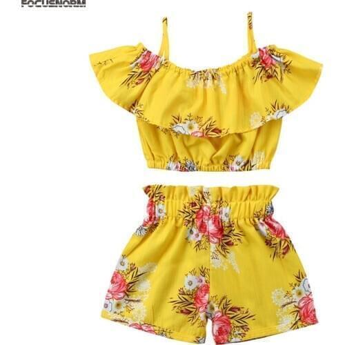 2018 Newly Summer Cute Lovely 2PCS Toddler Baby Girls Short Sleeve Off Shoulder Floral Print Yellow T-Shirts Tops Shorts 1-6Y