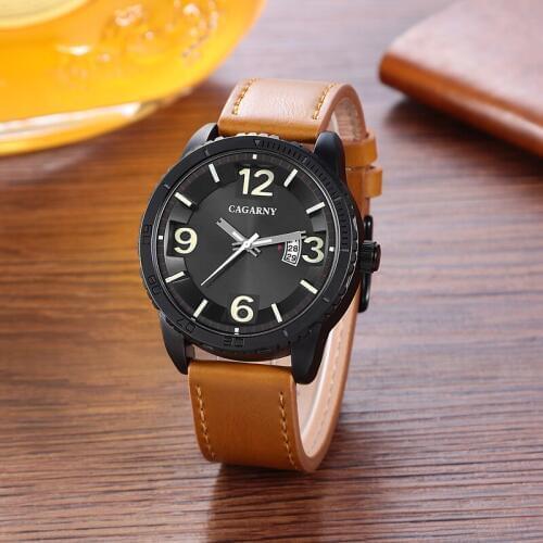 2019 Luxury Brand Cagarny Men Military Sports Watches Mens Quartz Date Clock Man Casual Leather Wrist Watch Relogio Masculino