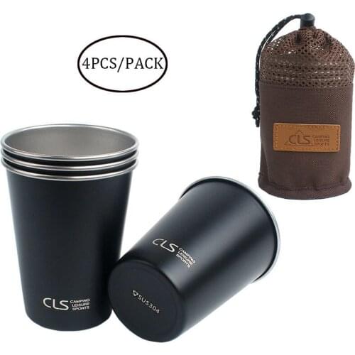 4Pcs/lot 350ml Outdoor Camping Cup 304 Stainless Steel Travel Cups Tableware With Carry Bag Camping Equiment For Hiking Picnic