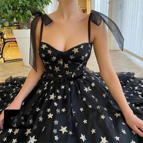 2021Sparkle Gold Starry Tulle Black Prom Dresses Ankle Length Straps Fitted Boning Velour Belt Evening Gowns robes de soirée