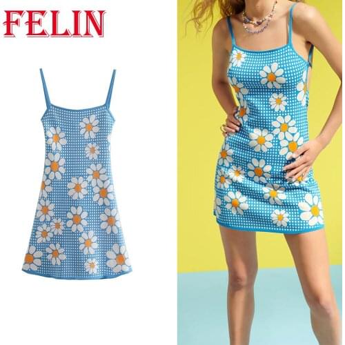 FELIN Za 2021 Summer Sunflower Print Dress Women Blue Vintage Slim Sleeveless Mini Beach Dress Sweet Mujer Vestidos