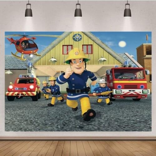 Fireman Sam Photography Backdrop Boys Firefighter Engine Kids Birthday Party Photo Background Prop Banner Booth Decoration