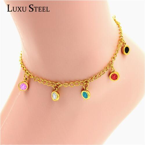 LUXUSTEEL Hot Sell Fashion Anklets Gold Color Round Colorful Crystal Pendant Chain Anklet For Women/Girl Christmas Gift