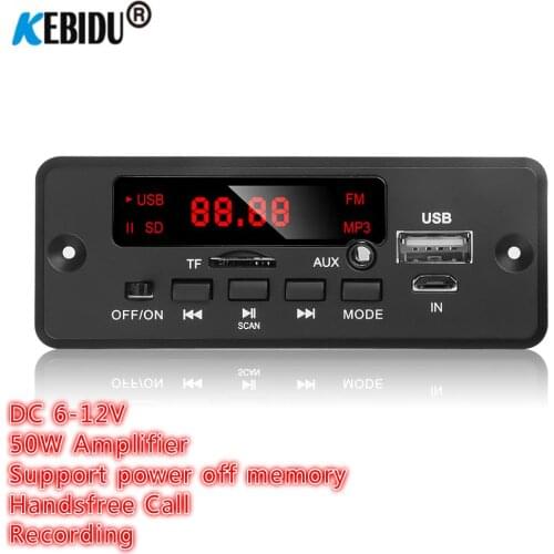 Kebidu 6V-12V 50W Amplifier MP3 Decoder Board Bluetooth5.0 Car FM Radio Module Support Recording TF USB AUX Power Off Memory