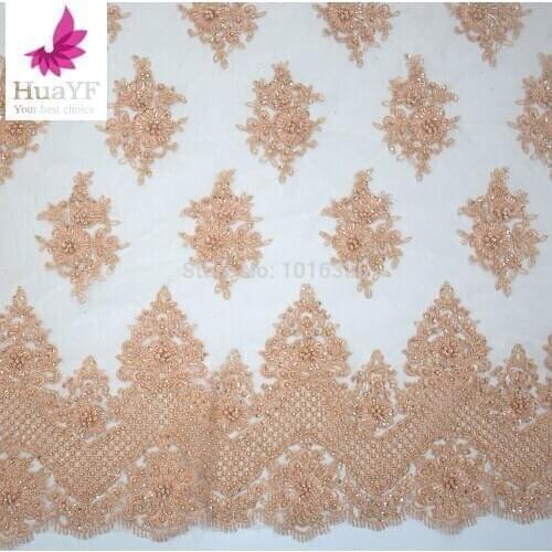 2020 New arrive design 5 yard nude colours Super heavy handmde beaded bridal lace fabric HuaY Fabric