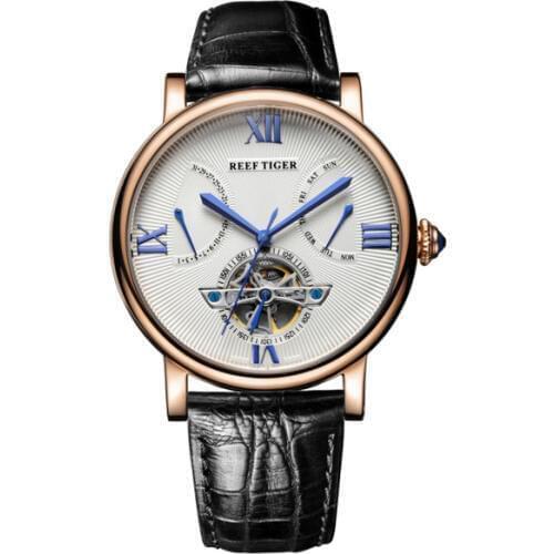 Reef Tiger Artist Serier RGA191 Men Business Fly Wheel Dual Windows Week & Date Dial Automatic Mechanical Wrsit Watch - Calfskin