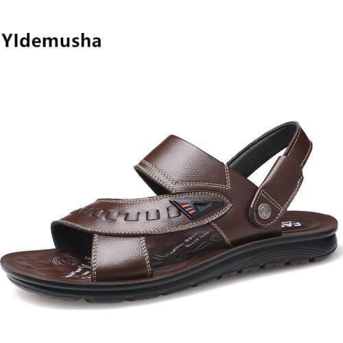 YIdemusha Genuine Leather Shoes Men Sandals 2019 New Summer Beach Sandals Male Black Slipper Fashion Cow Leather Man Sandals