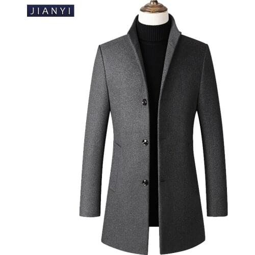 Men Wool Blends Coats Autumn Winter Solid Color High Quality grey Mens Wool Jacket Mid-length single-breasted stand-collar coat