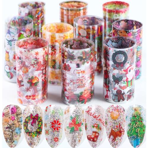 10pcs Christmas Stickers For Nails Snowflake Santa Elk Transfer Foils Sliders Adhesive Decals Nail Art Manicure Wraps SAXK9126
