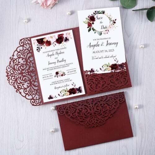 100pcs Burgundy Glitter Laser Cut Hollow Rose Wedding Invitations Cards with Glitter Pockets and Envelopes for Wedding Party