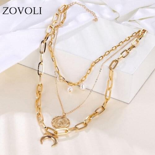 ZOVOLI Punk Layered Cuban Link Chain Choker Necklace Set Gold Pearl Moon Pendant Necklaces For Women Fashion Jewelry 2020