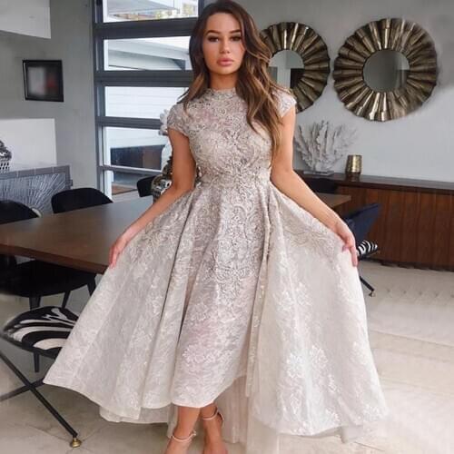 Luxury Muslim Evening Dress 2020 High Neck Asymmetrical Short Sleeve Lace Beading Embroidered Evening Gown Robe De Soiree LE4043