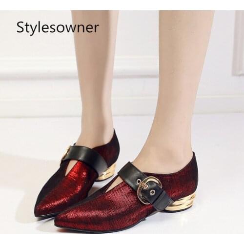 Stylesowner 2018 Luxury Design Novelty Mature Woman Pumps Low Heels Red Solid Color Sheepskin Pointed Toe Shallow Pumps Shoes