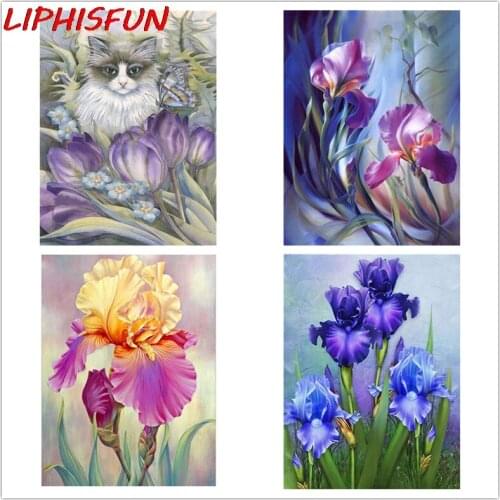 Needlework 5D Diy Diamond Painting Iris Flower Cross Stitch Painting Flower Cat Diamond Embroidery Full Square Diamond Pictures