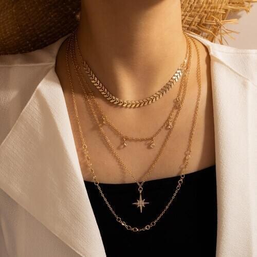 Tocona Luxury Star Pendant Necklace for Women Charming Clear Rhinestone Tassel Multilayer Leaf Bohemian Jewelry Gift 9789