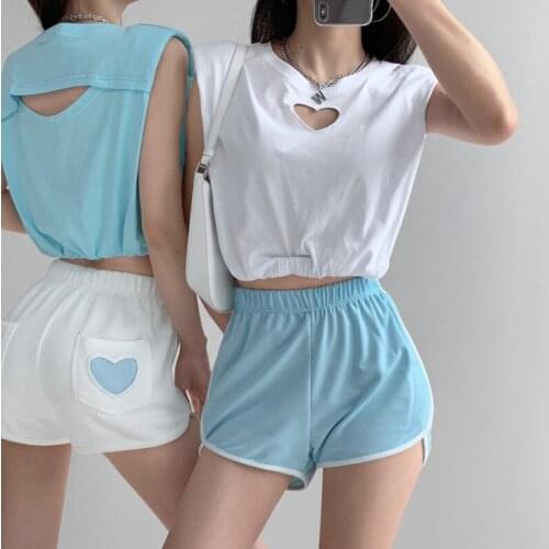 WOMENGAGA Spice Girl Hollowed Out Love Sleeveless Top Womens Summer High Waist Navel Slim T-shirt Tees Hot Korean Tops 5RS5