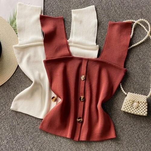 Summer Womens Slim Knitting Square Collar Camisole Tops Female Buttons Tank Top Sleeveless Basic Solid T shirts for Girl