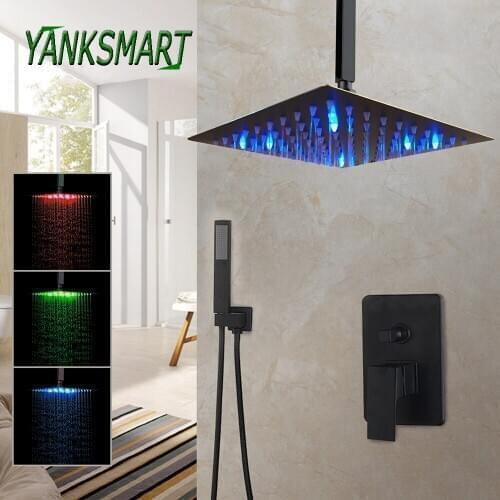 YANKSMART LED Blackened Bathroom Rainfall Showers Set Single Lever Bathtub Shower Wall Mounted & Ceiling Mounted Mixer Faucet